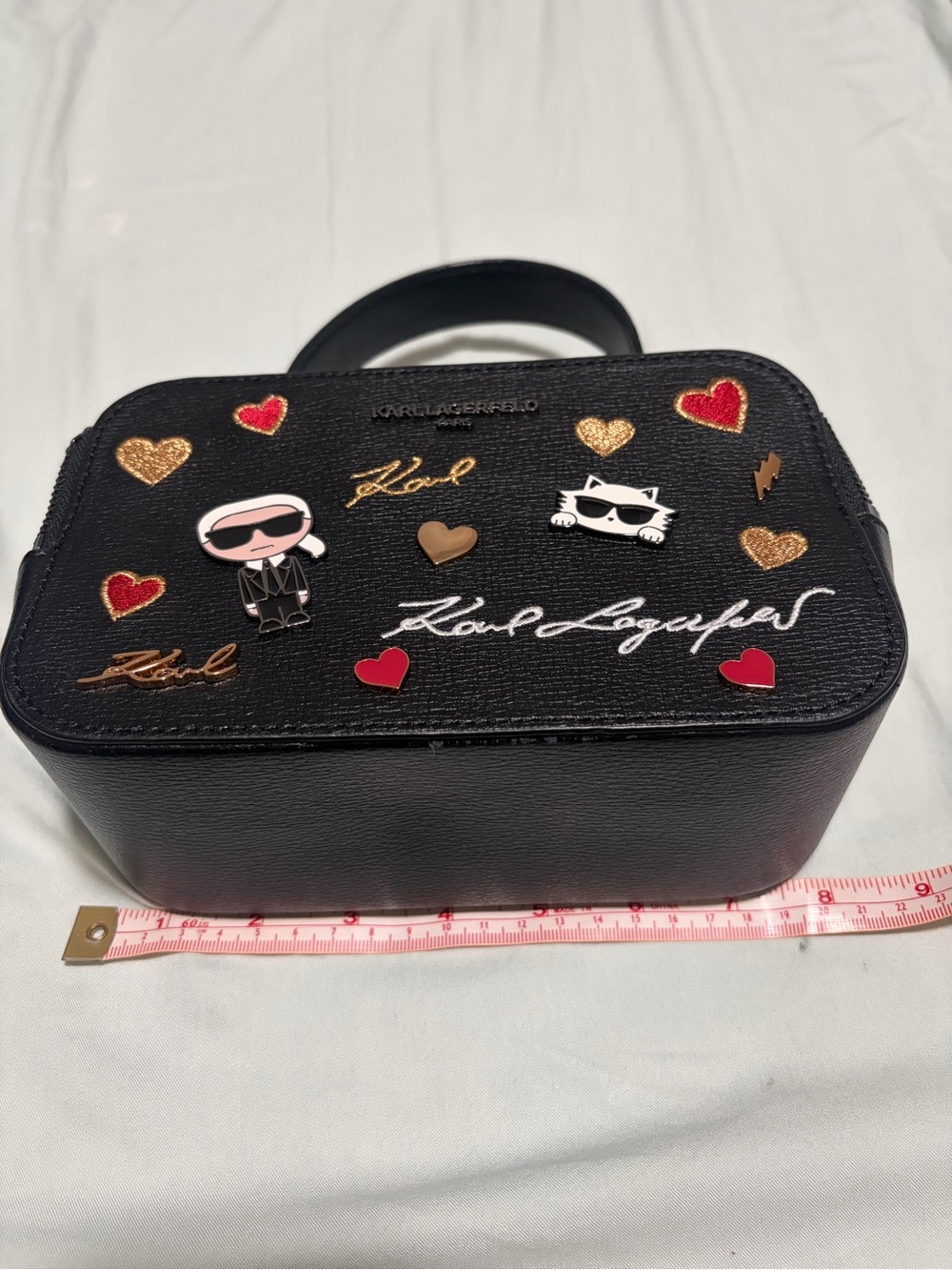 Karl Lagerfeld Black Mini Top-Handle Bag with Heart and Character Patches - Picture 8 of 10